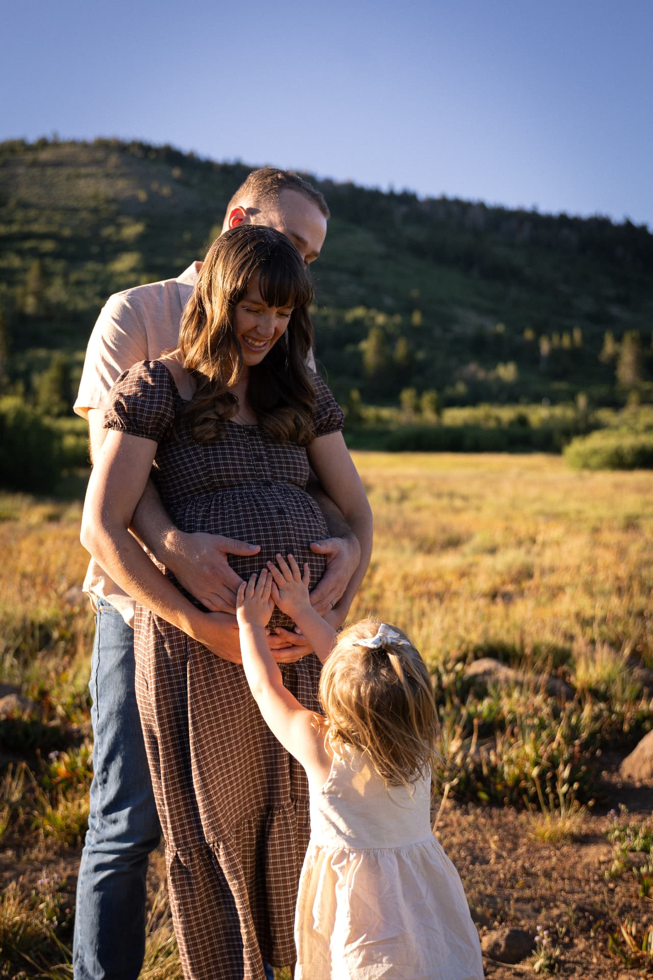 Family with hands resting on an expecting mother's belly in a golden mountain meadow