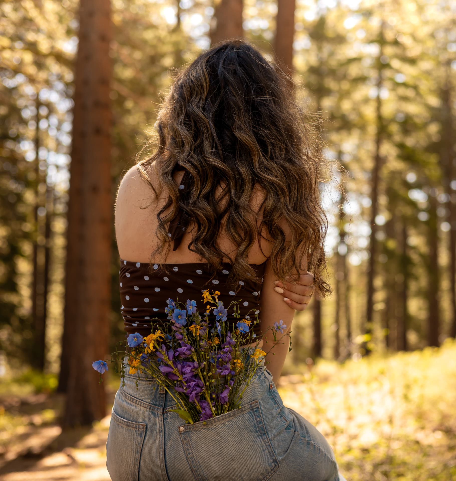 Senior portrait from behind, wildflowers tucked into a jean pocket among tall backlit pines